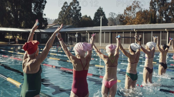 Elderly women united in joyful exercise in the pool, raising their arms in an outdoor swimming