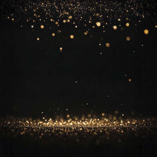 Glowing gold particles floating against a black background, resembling a starry night sky, AI