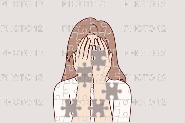 Depressed girl suffers from self-destruction and personality destruction, consists of mosaic with
