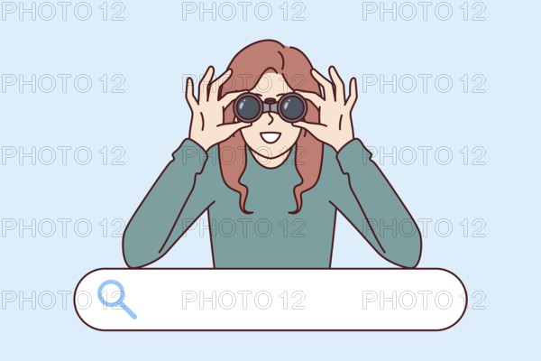 Woman is looking for necessary information standing over search bar and using binoculars. Concept