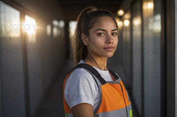 Confident woman in a reflective safety vest standing in a corridor with soft lighting, AI generated