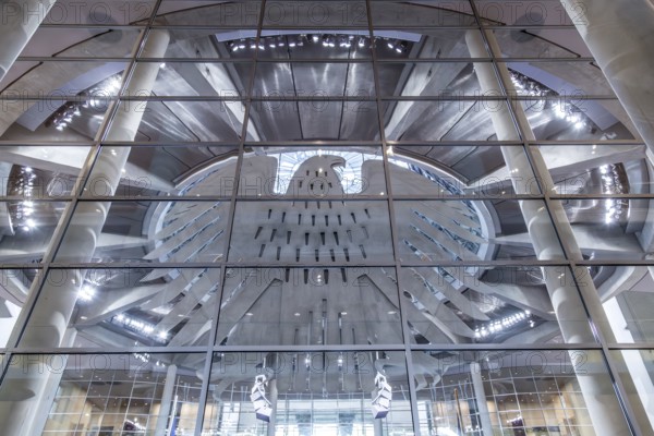 Federal Eagle in the Reichstag, Berlin, Germany, Modern glass façade with reflections and