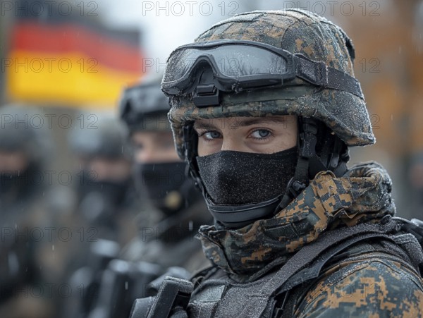 A masked soldier stands with her unit, wearing a helmet in a winter setting, with the German flag