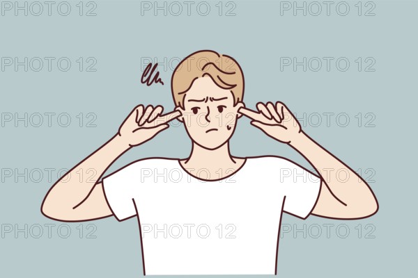 Offended guy closes ears does not want to hear toxic words or insults from peers or girlfriend.