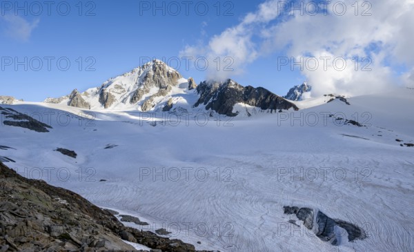 High alpine mountain landscape, summit of the Aiguille de Chardonnet and Glacier du Tour, glaciers