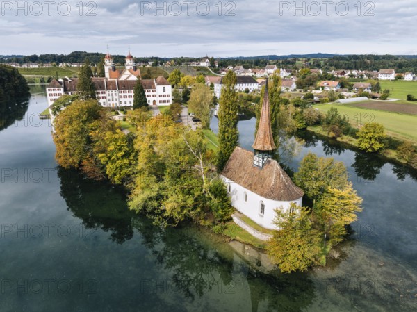 Aerial view of the former Benedictine abbey with the monastery church of St Mary and the pointed