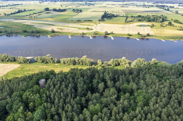 Aerial view of viewpoint Kiepenberg near Elbe river, wooden tower west of village Hitzacker,