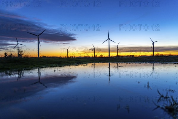 Wind farm near Holzweiler, town of Erkelenz, wind turbines, rain puddle, North Rhine-Westphalia,