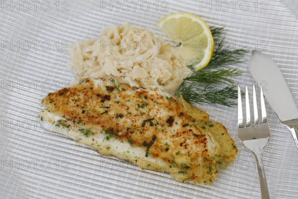 Swabian cuisine, fillet of Lake Constance whitefish with herbs and creamed cabbage, sauerkraut,