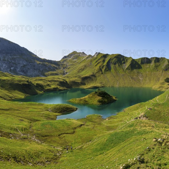 Schrecksee in the midst of green mountains under a clear sky, surrounded by lush vegetation and a