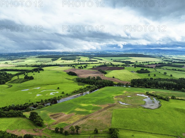 Farms and Fields over River Eden and River Eamont from a drone, Cumbria, England, United Kingdom,