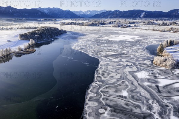 Aerial view of ice formations on a frozen lake, winter, Riegsee, Alpine foothills, Upper Bavaria,