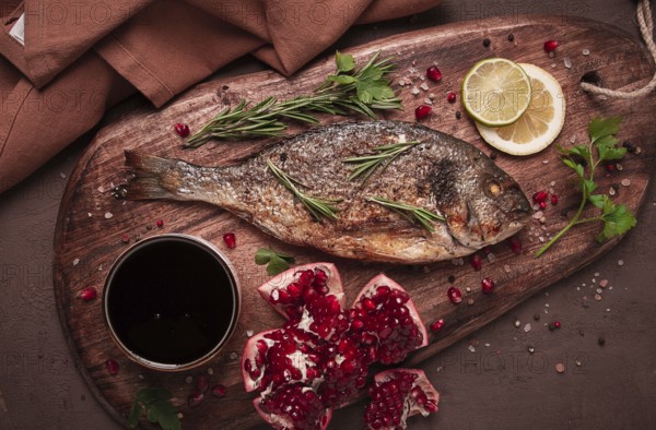 Gebratener Doradenfisch, mit Gewürzen und Kräutern, auf einem Holzbrett, Granatapfelsauce,