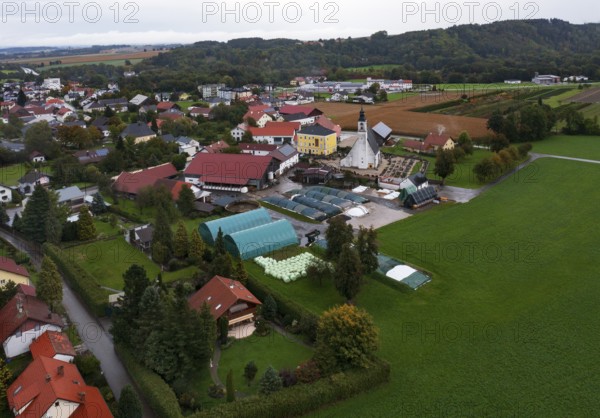 Drone image, residential buildings, view of village with church, Antiesenhofen, Innviertel, Upper