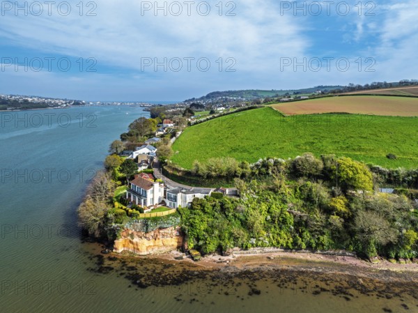 Farms and Fields over River Teign from a drone, Teignmouth, Shaldon, Devon, England, United
