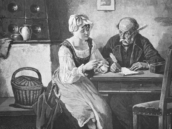 The difficult letter, father and daughter try to formulate a letter together, Historical, digitally