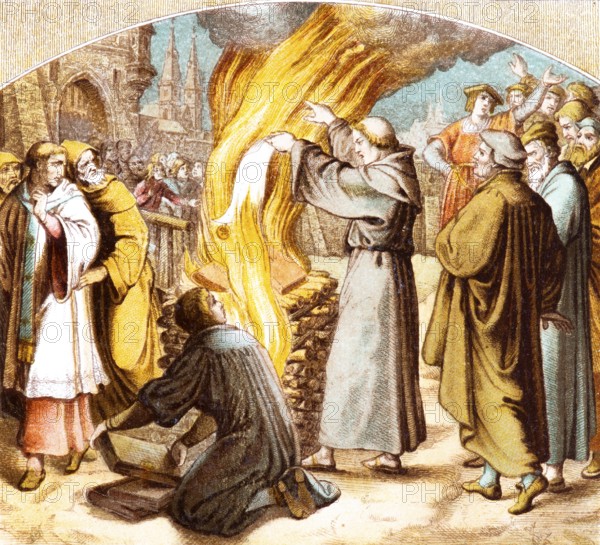 Luther publicly burns the papal bull of excommunication from Pope Leo X, Decet Romanum Pontificem,
