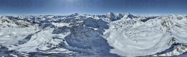 Aerial view, snow-covered mountain landscape, view of Cevedale, Ortler, Monte Zebrù, Königsspitze