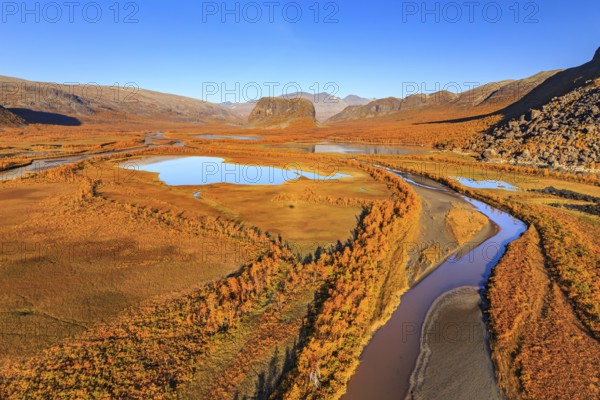Lake, river, river delta, autumn colours, autumn, mountains, sunny, aerial view, Rapadalen, view of
