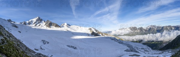 High alpine mountain landscape, summit of the Aiguille de Chardonnet and Glacier du Tour, glaciers