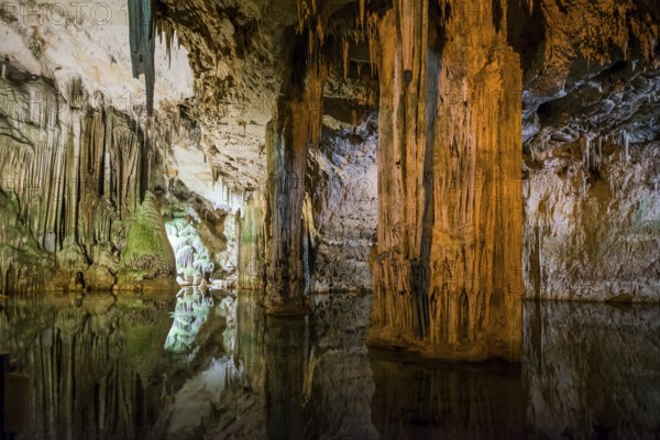 Huge stalactites and underground lake, stalactite cave, Grotta di Nettuno, Neptune Grotto, Capo