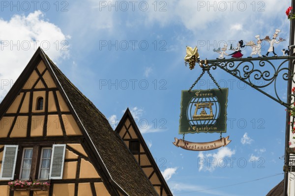 Restaurant sign, Eguisheim, Plus beaux villages de France, Haut-Rhin, Alsace, Alsace, France,