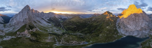 Alpine panorama, Hohe Warte and Wolayersee, sunset in the mountains, aerial view, Carnic Alps,