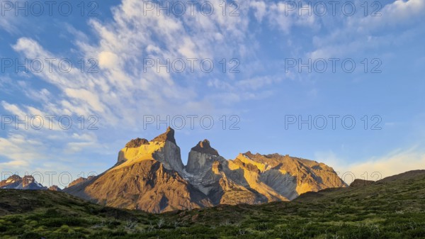 Los Cuernos, the horns, in the evening light, Torres del Paine National Park, Andes, Chile, South