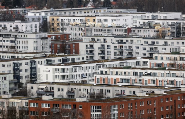 View of high-rise buildings and apartment blocks in the Berlin district of Marzahn-Hellersdorf,