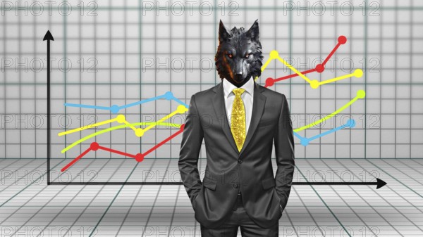 Symbolic image, wolf in a suit, stock market, industry, economy critical, exploitation, stress,