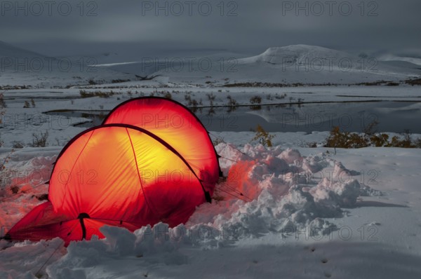 Tent in mountain landscape, Sarek National Park, World Heritage Laponia, Norrbotten, Lapland,
