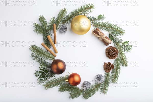Christmas or New Year wreath composition. Decorations, balls, cones, fir and spruce branches, on