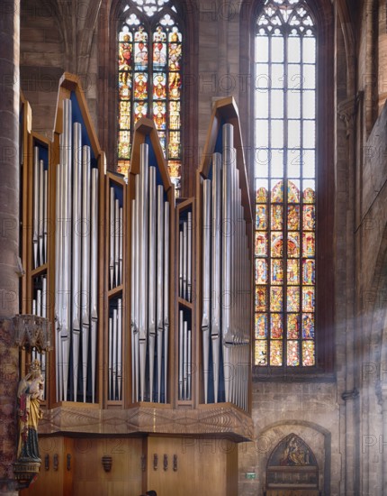 Interior view of the main organ, St Sebald, St. Sebaldus Church, Nuremberg, Franconia, Bavaria,