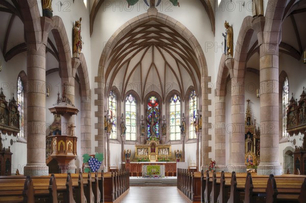 Interior view, nave, choir, altar, New Parish Church of the Assumption of the Virgin Mary, Scena,