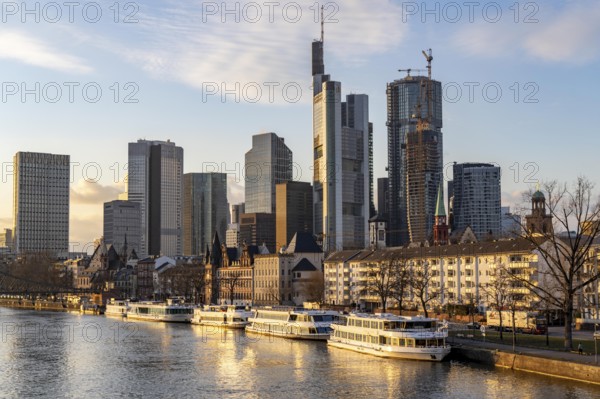 Skyline of the city centre of Frankfurt am Main, river Main, excursion boats at the Mainkai, dusk,