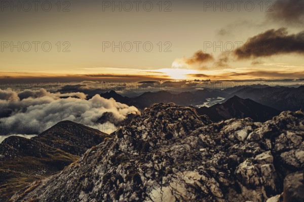 Sunrise hike on the Hochplatte in the Ammergau Alps, Ammergebirge in the Allgäu, Bavaria, Germany,