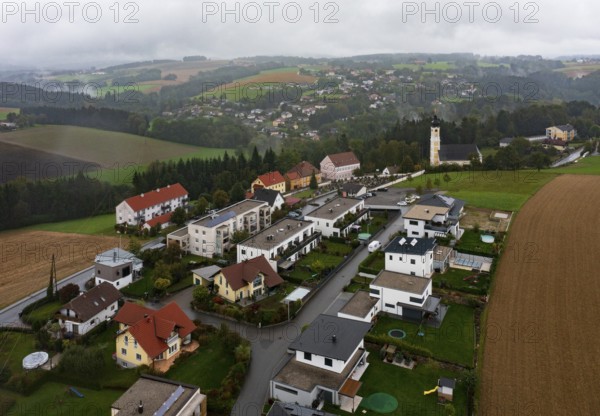 Drone image, residential buildings, view of village with church, Brunnenthal, Innviertel, Upper