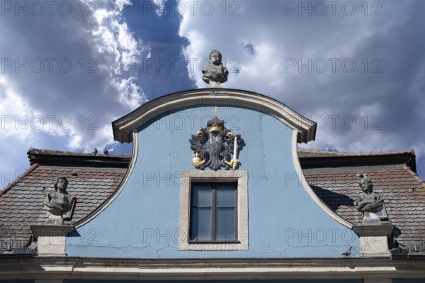 Gable of the Baroque Blue House with the double-headed eagle with the imperial insignia, built