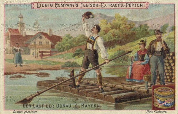 Picture series The course of the Danube, Bavaria, raftsmen, Liebig picture, digitally restored
