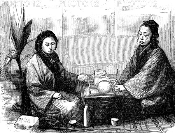 Japan in the late Middle Ages, Women's tea party, Illustration from 1870, Historical, digital