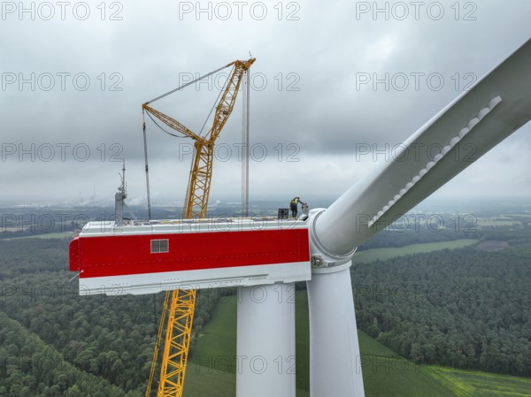 Dorsten, North Rhine-Westphalia, Germany, construction of a wind turbine. A large mobile crane