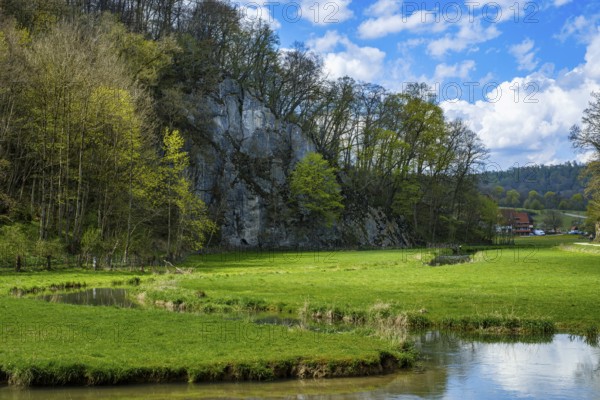 Picturesque valley of the Große Lauter in spring, near Unterwilzingen, Swabian Alb,