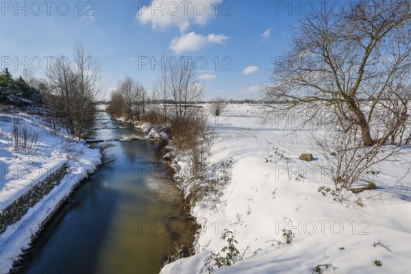 Hamm, North Rhine-Westphalia, Germany - Sunny winter landscape in the Ruhr area, ice and snow on