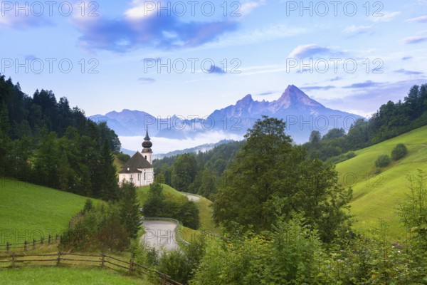 Maria Gern pilgrimage church, view of the Watzmann, in front of sunrise, Berchtesgarden Alps,