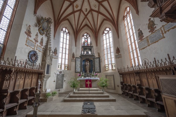 Church interior with Renaissance high altar from 1611 with the crescent moon Madonna, Gothic St