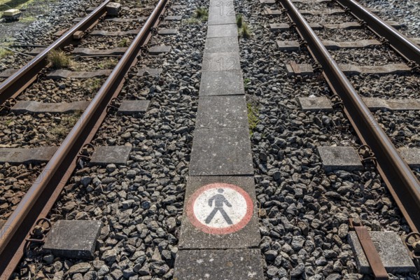 Island railway track, no trespassing sign, passage prohibited, North Sea island of Borkum, Lower