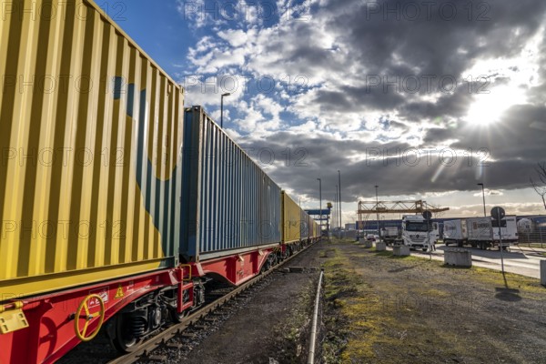 Containers arrive by train at the Logport, DIT, Duisburg Intermodal Terminal, part of the new Silk