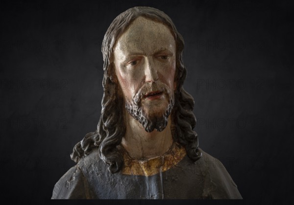 Palmesel wooden figure around 1880, Christ detail, on dark background, Dominican convent