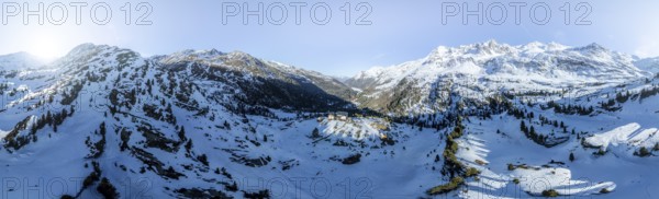Zufallhütte in Val Martello, Alpine panorama, Aerial view, Snow-covered mountain landscape, Ortler