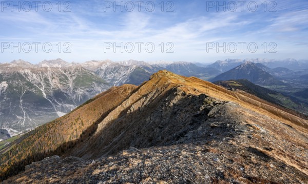 Mountain ridge of the Venet with summit Kreuzjoch, view from Wannjöchl on the ridge of the Venet to